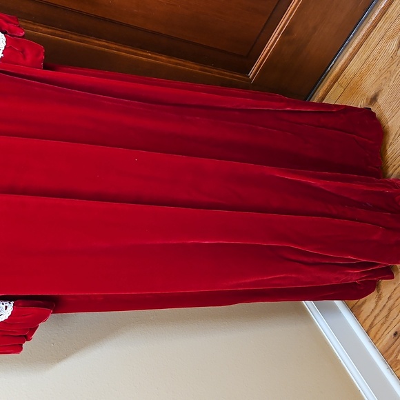 VINTAGE RED DRESS LONG 70s 60s LACE VELVET LIKE LONGSLEEVED - Picture 5 of 11